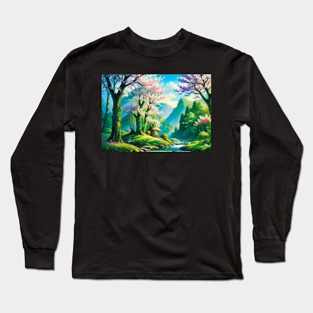 Fairy House Landscape in Spring Long Sleeve T-Shirt by CursedContent